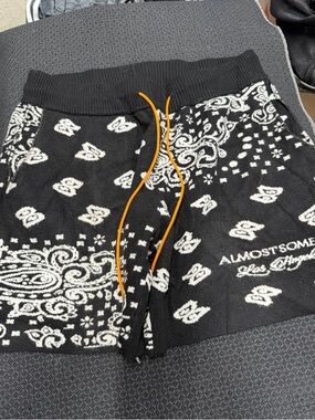 Almost someday Black Bandana Knit Shorts with Orange Drawstring
